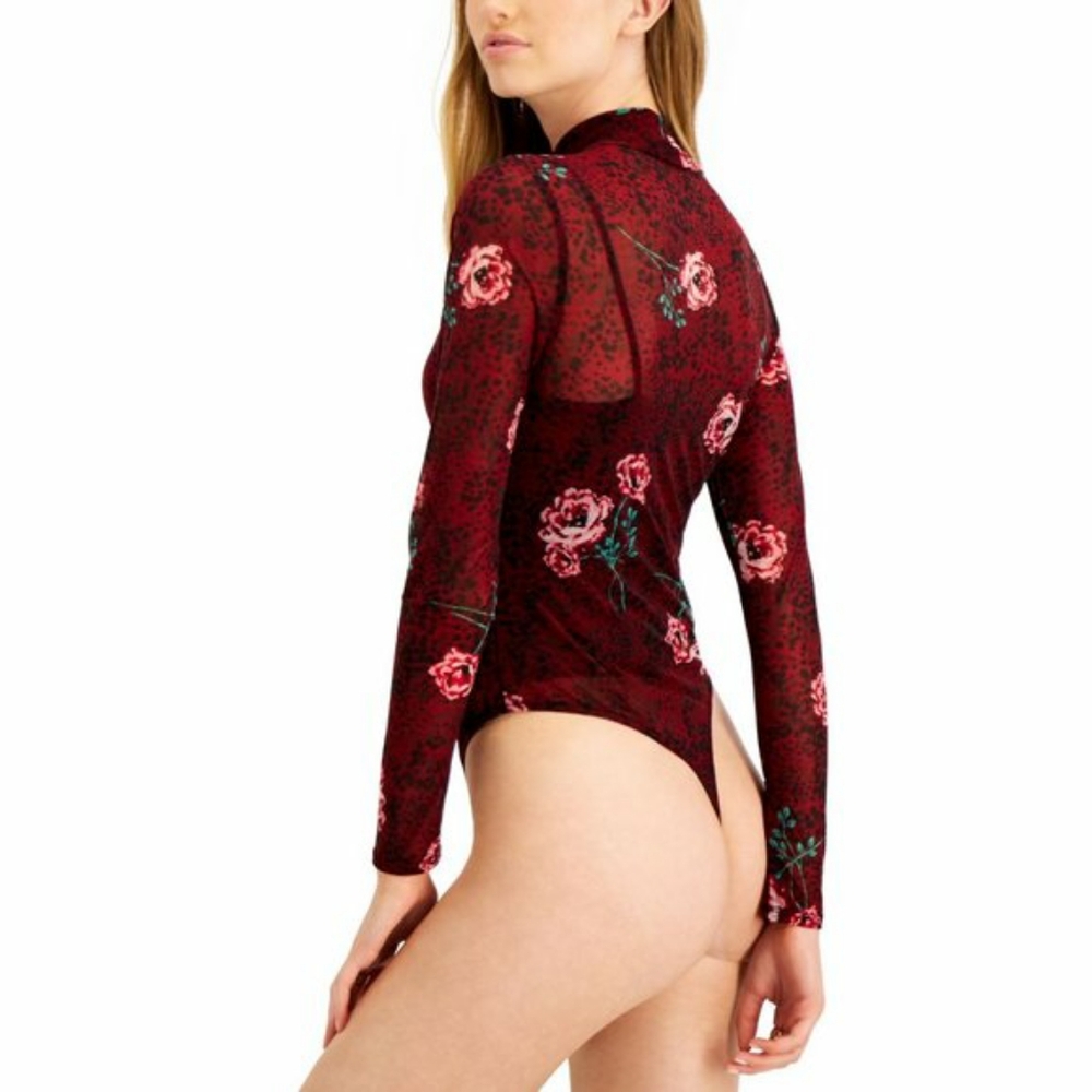 Red Floral Sheer Mesh Long Sleeve Mock Neck Bodysuit 